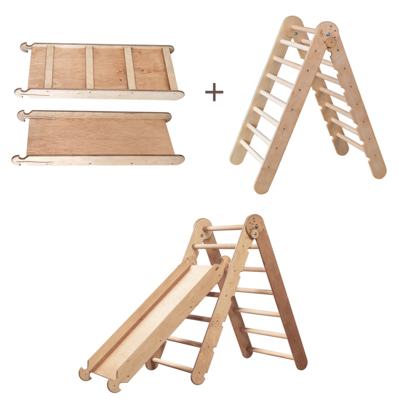 2in1 Montessori Climbing Set: Triangle Ladder + Slide Board/Ramp  Beige