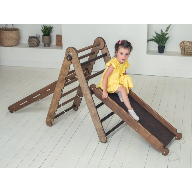 3in1 Montessori Climbing Frame Set: Triangle Ladder + Slide Board/Ramp + Net  Chocolate