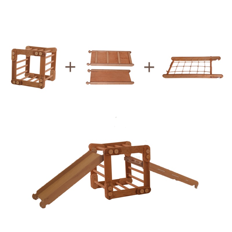 3in1 Montessori Climbing Set: Snake Ladder + Slide Board/Ramp + Net  Chocolate