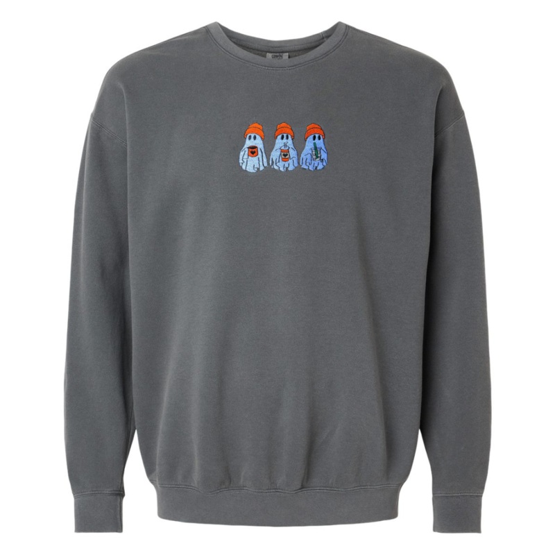 Adult 3 Ghost Embroidery Comfort Colors Crewneck - Pepper Heavyweight