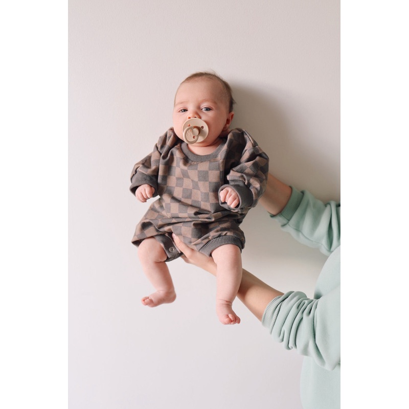 Sweatshirt Romper | Faded Brown Checkerboard