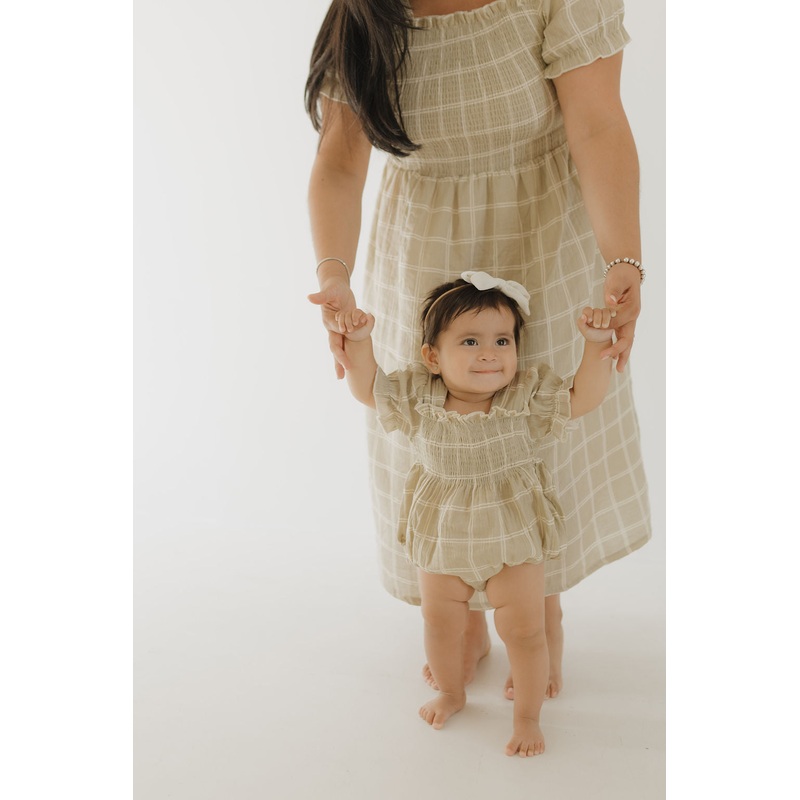 Ruffle Muslin Romper | Linen Grid