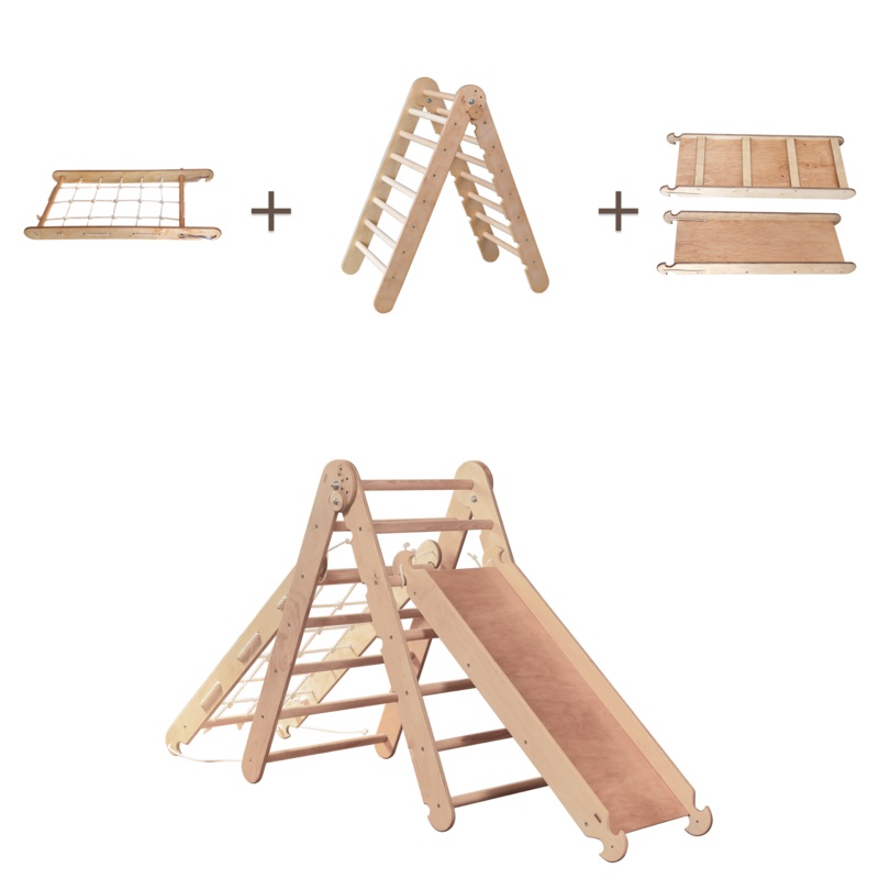 3in1 Montessori Climbing Frame Set: Triangle Ladder + Net + Slide Board/Ramp - Beige