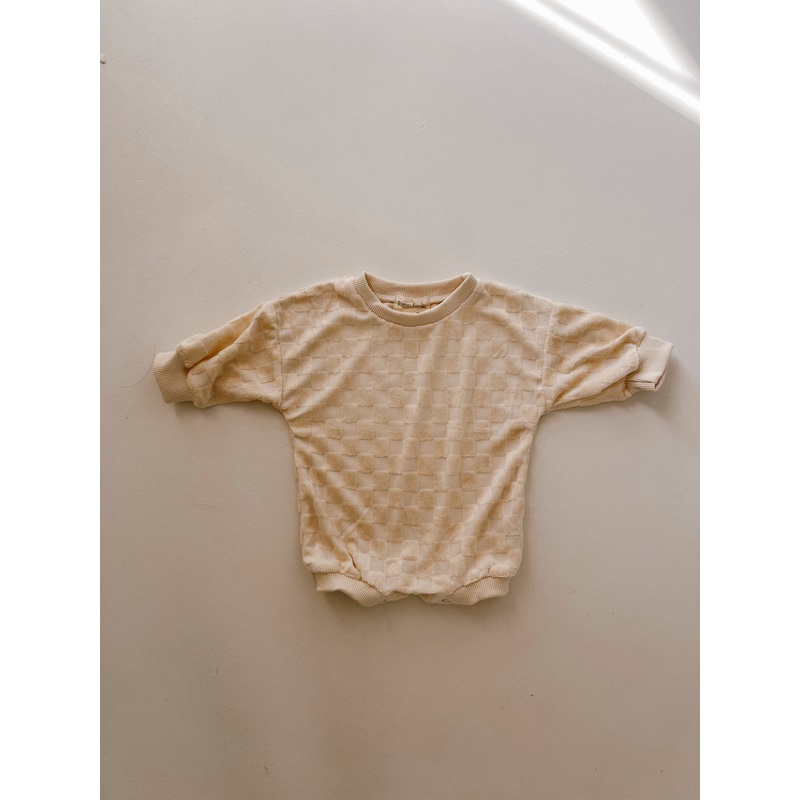 Long Sleeve Romper | Terry Cream Checkerboard