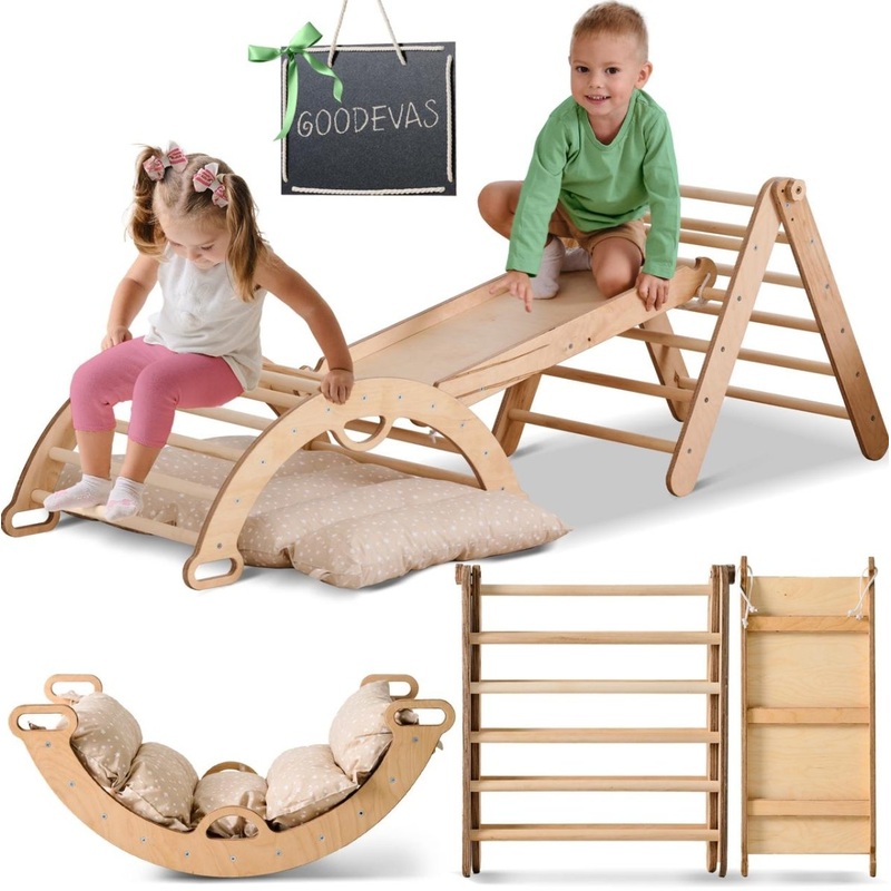 4in1 Toddler Climbing Set: Pikler Triangle + Climbing Arch + Slide Board + Cushion  Beige