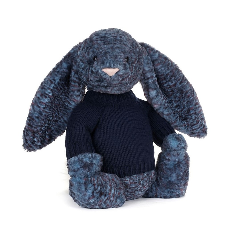 Jellycat Bashful Luxe Bunny Hopscone Original - With Navy Personalised Jumper