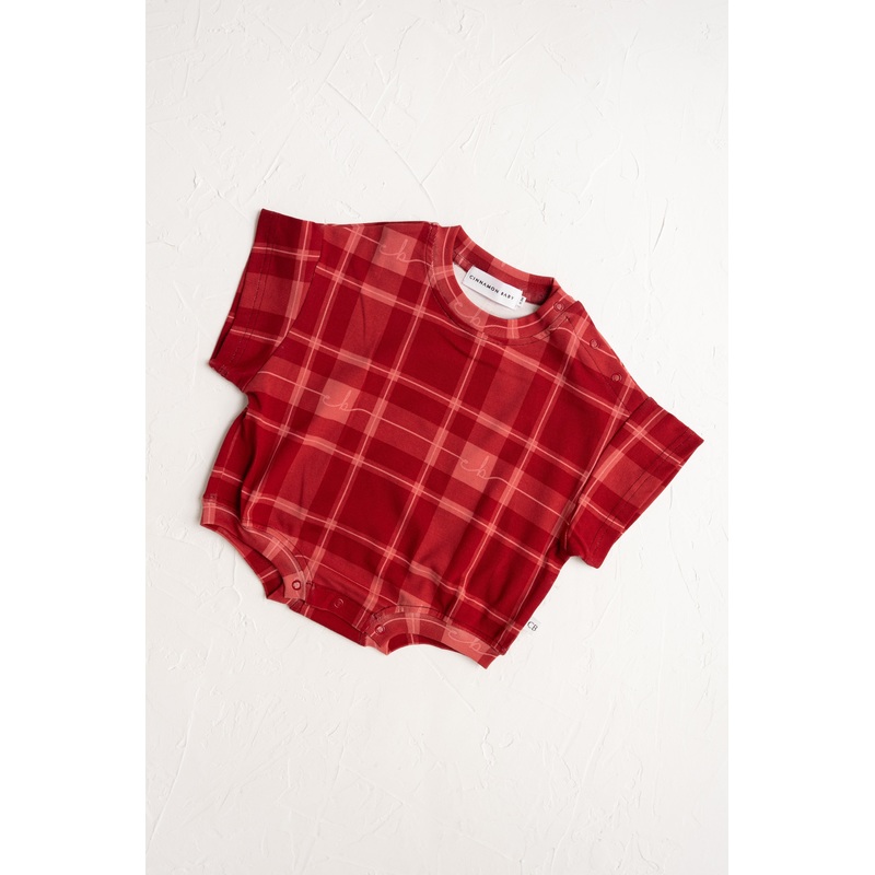 Cinnamon Baby - Plaid T-Shirt Romper | Red - PREORDER