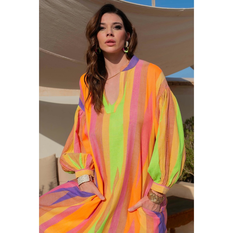 Long Gauze Zig Zag Dress- Tan