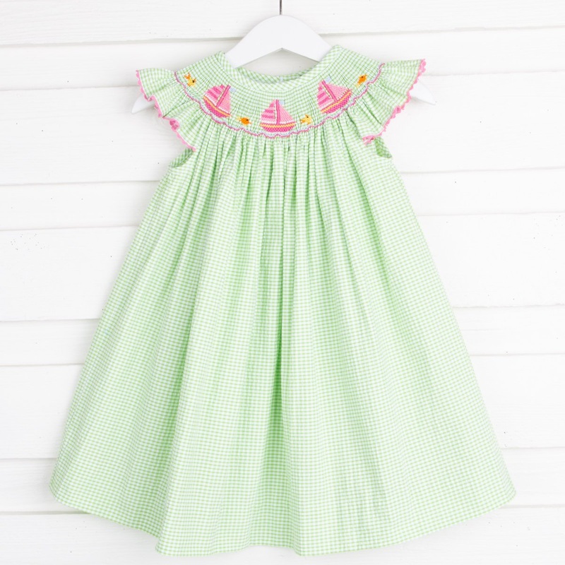 Sailboat Smocked Dress Lime Green Seersucker Check
