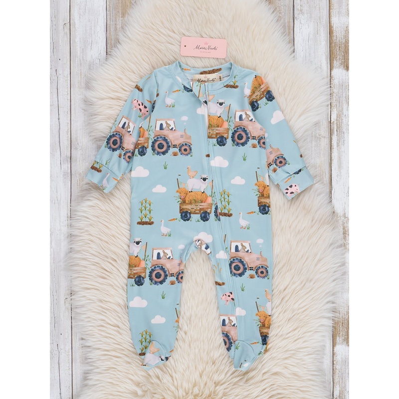 Light Blue Tractor Footed Sleeper Pajamas