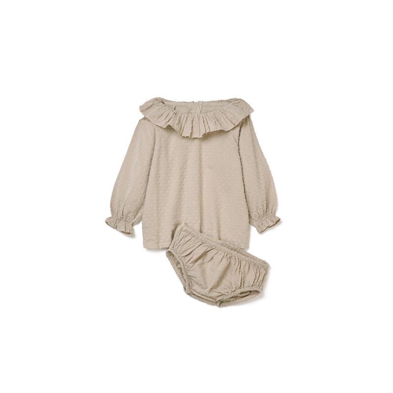 Plumeti Frill Blouse & Bloomer Set in Flax