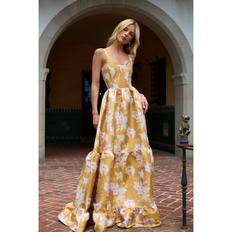 The Avery Dress in Gold Baroque Floral