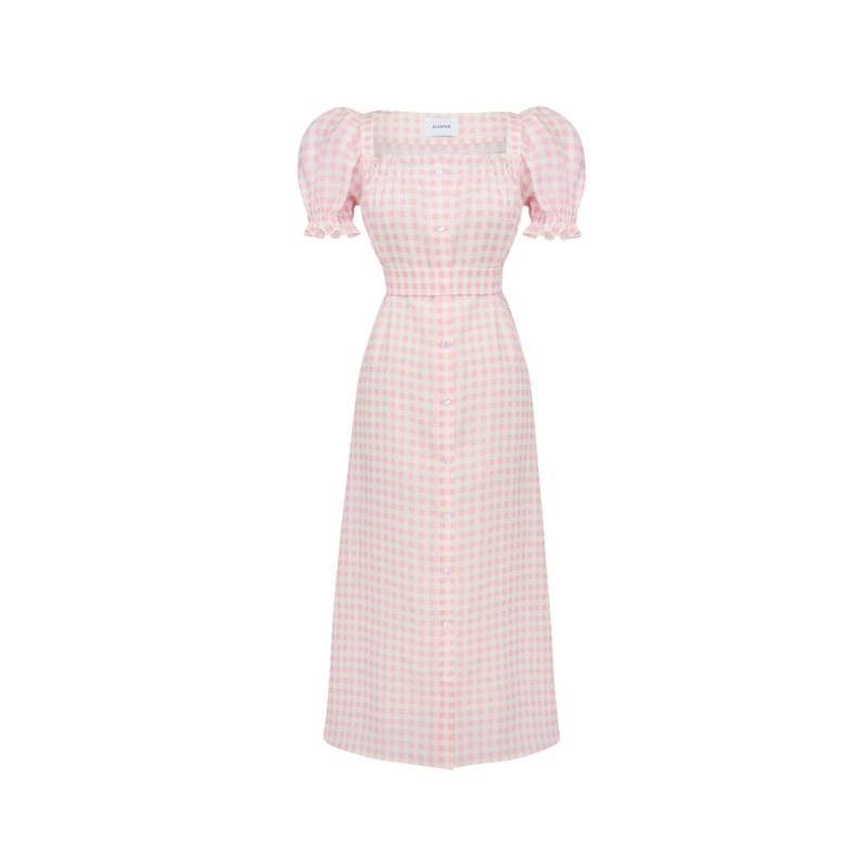 Brigitte Midi Linen Dress in Pink Vichy