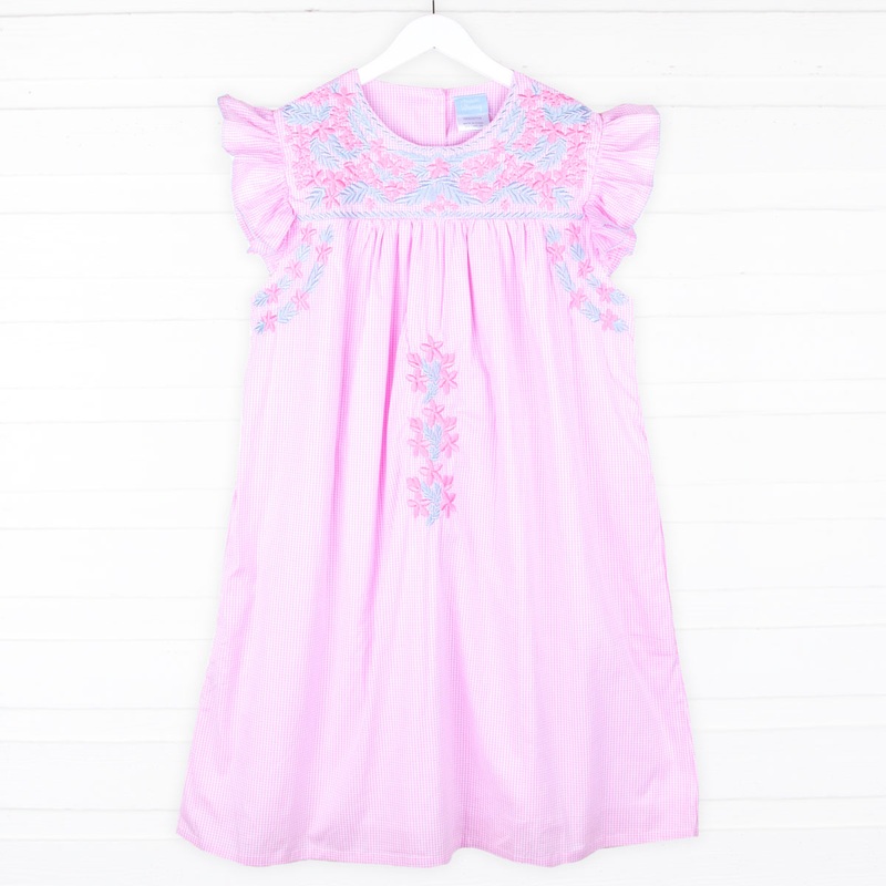 Fiesta Pink Gingham Embroidered Women's Dress