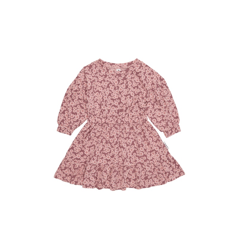 Huxbaby flower bear drop shoulder tuck dress dusty plum in purple