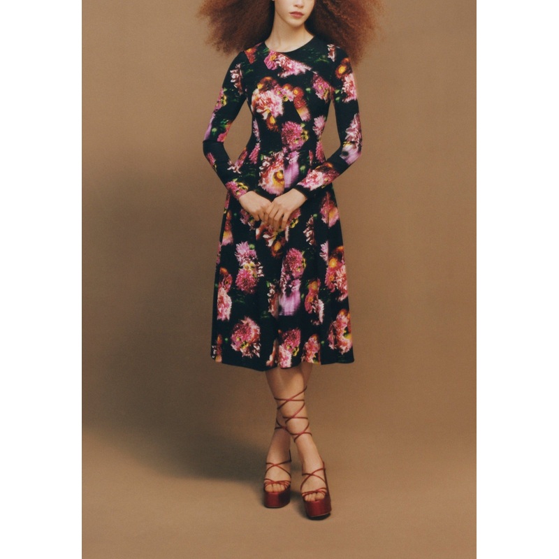 Long Sleeve Pleated Dress in Pink Dahlias