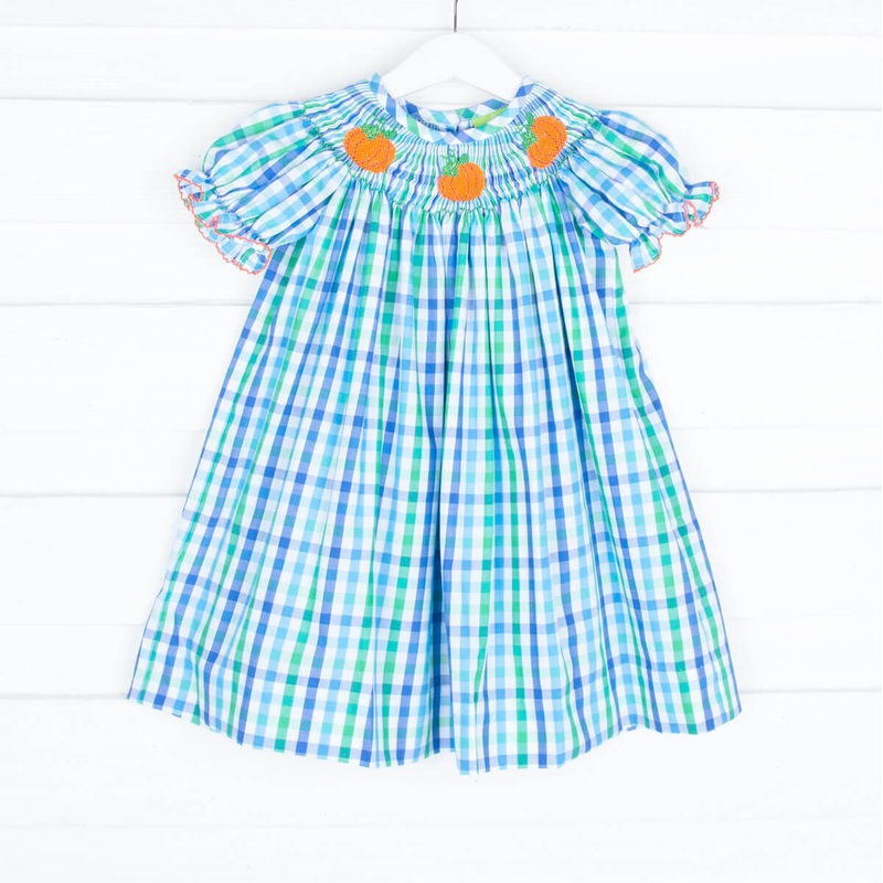 Smocked Pumpkin Green and Blue Dress