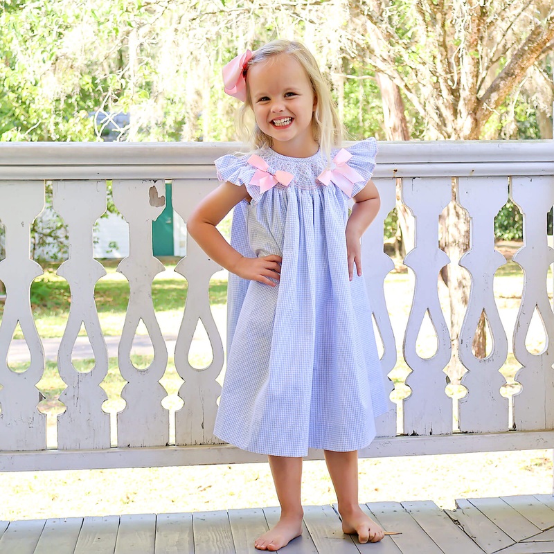 Spring In Blue Seersucker Smocked Bow Dress