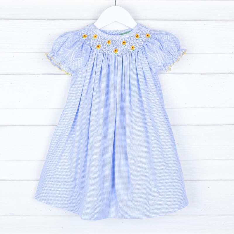 Sunflower Smocked Blue Gingham Dress