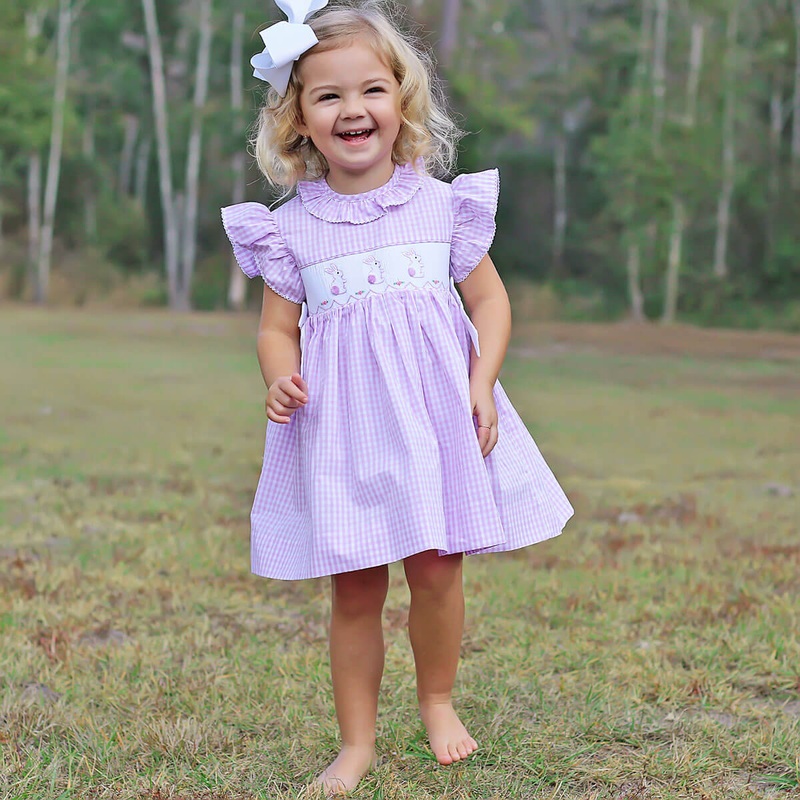 Bunny Silhouette Smocked Ruffle Collared Dress Lavender Check