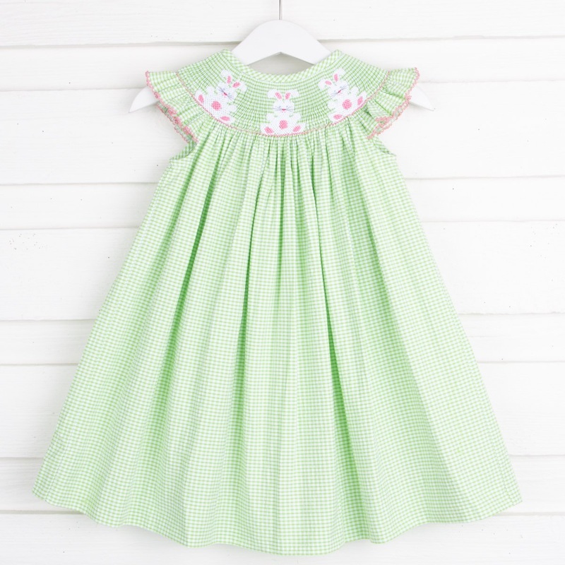 Pink Bunny Smocked Dress Green Seersucker