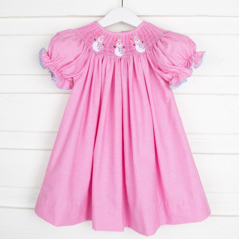 Snowman Smocked Bishop Pink Gingham