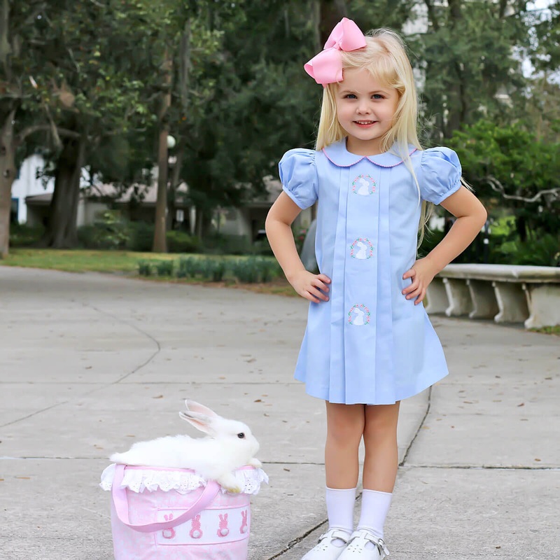 Bunny Wreath Pleated Dress Blue Pique