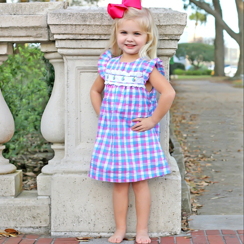 Pink and Blue Plaid Sailboat Embroidered Dress