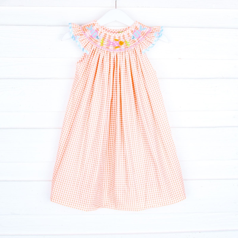Fish Smocked Orange Gingham Dress