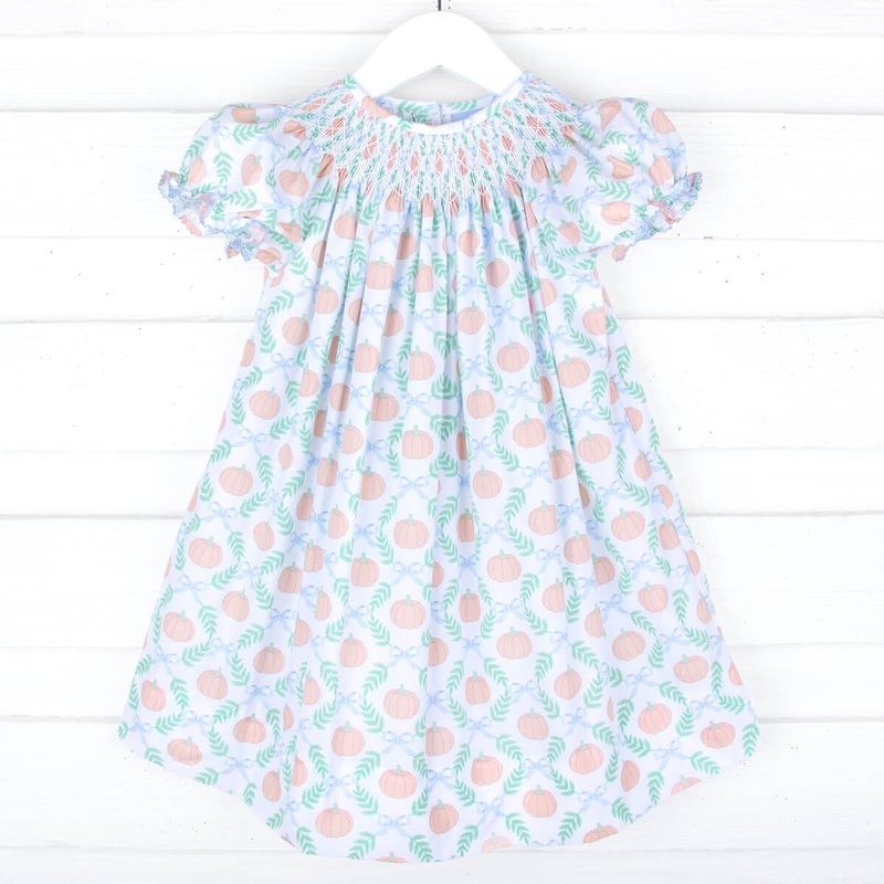 Harvest Pumpkin Print Smocked Bishop Dress