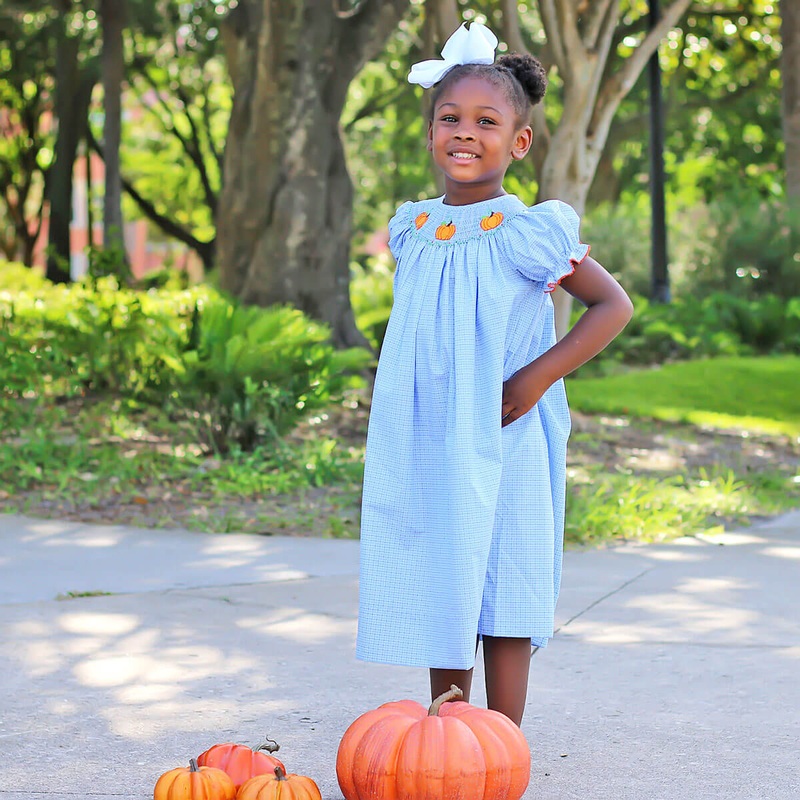 Pretty Pumpkin Smocked Bishop Light Blue Plaid