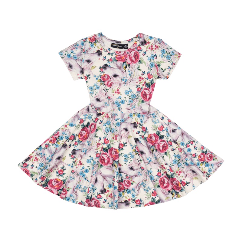 Rock Your Baby Unicorn Lullaby ss waisted dress in multi colour