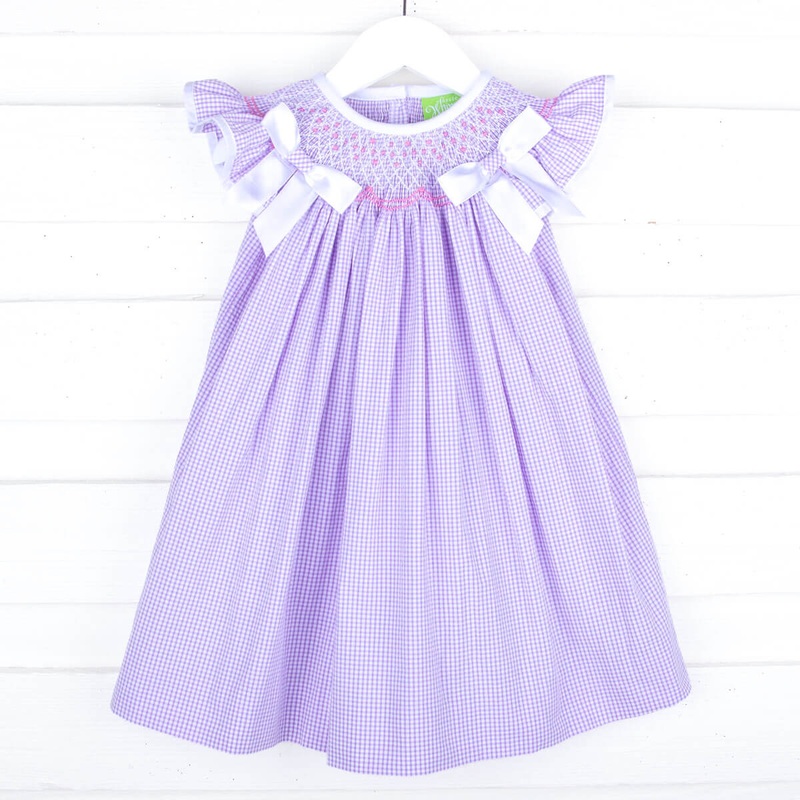 French Lavender Gingham Smocked Bow Dress
