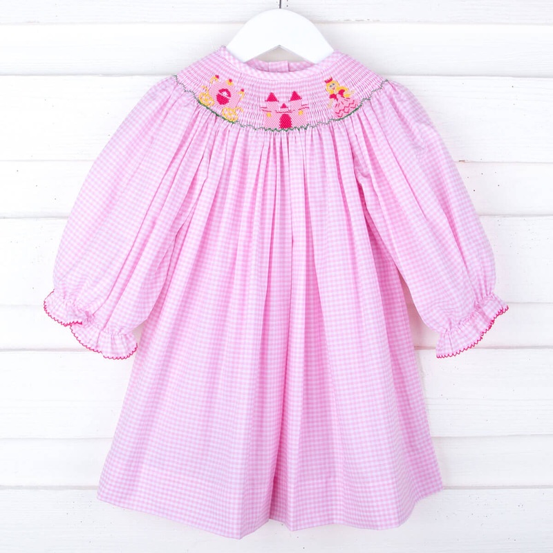 Princess Smocked Pink Gingham Long Sleeve Bishop Dress