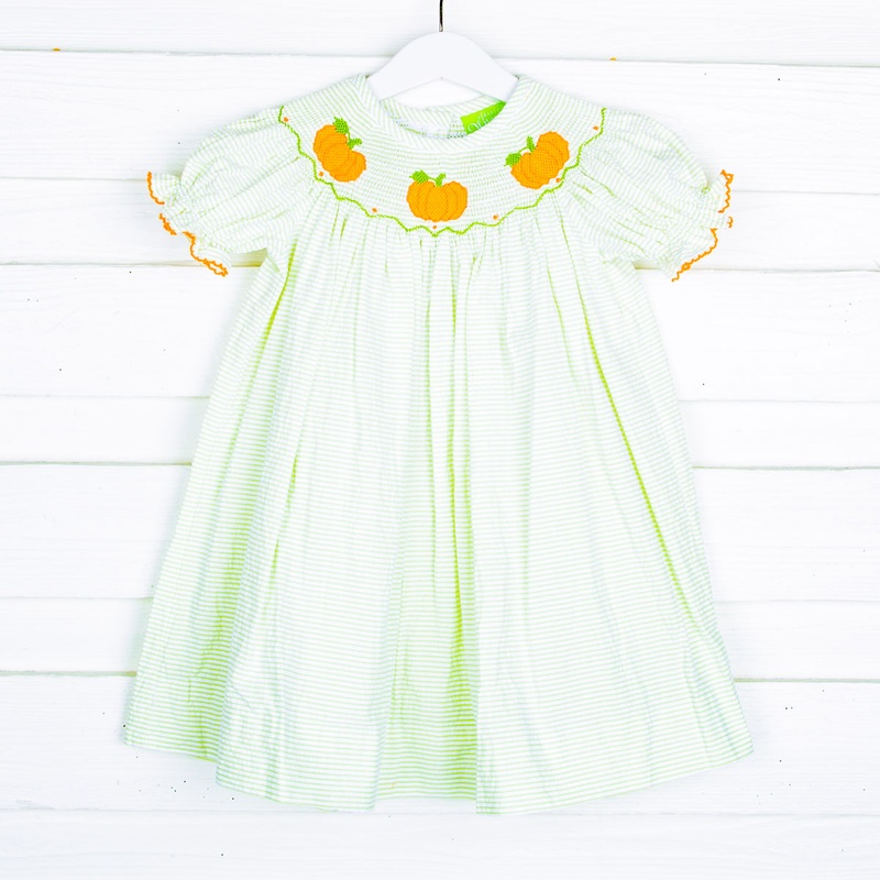 Smocked Pumpkins Green Stripe Dress