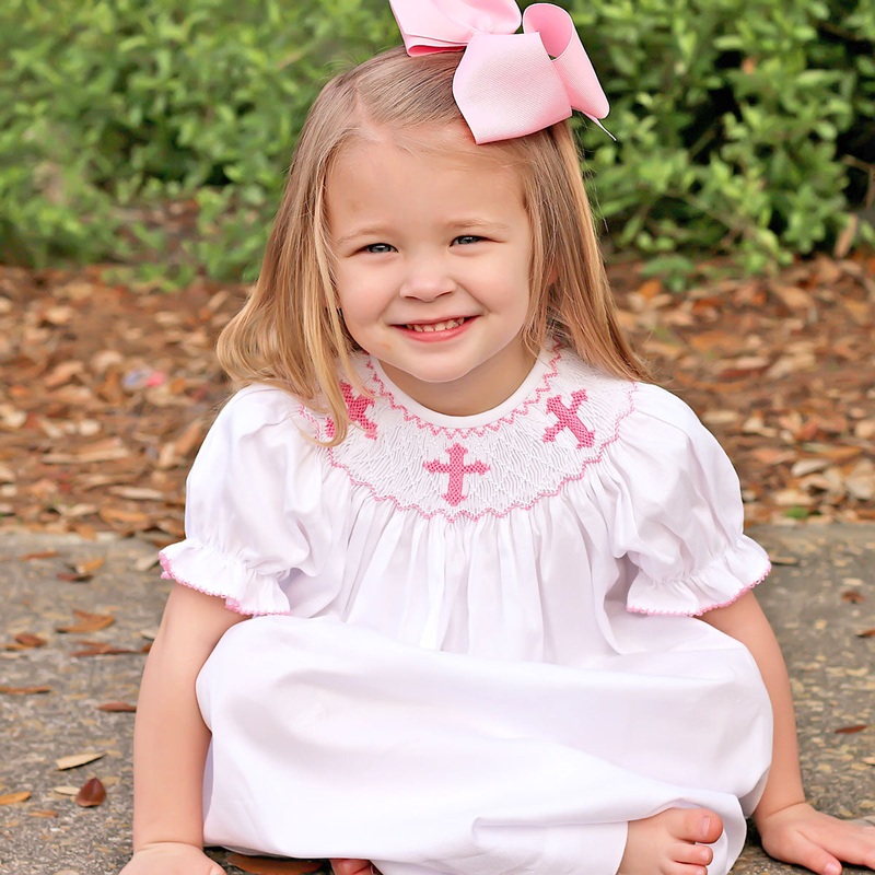 Pink Cross Smocked White Bishop Dress