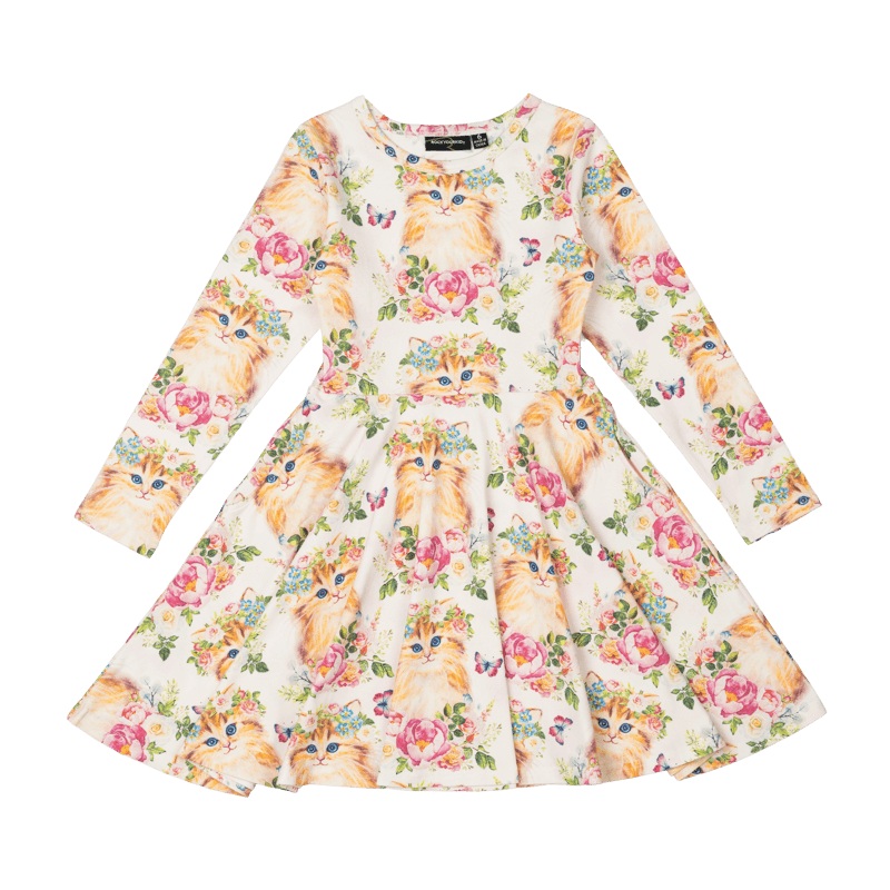 Rock Your Baby Kitty Kats Long Sleeve Waisted Dress in Multi