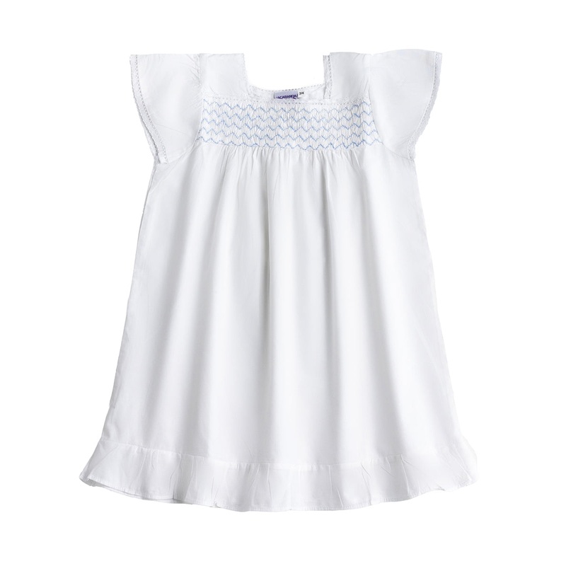 Amelia White Cotton Short Sleeve Dress with Blue Smocking