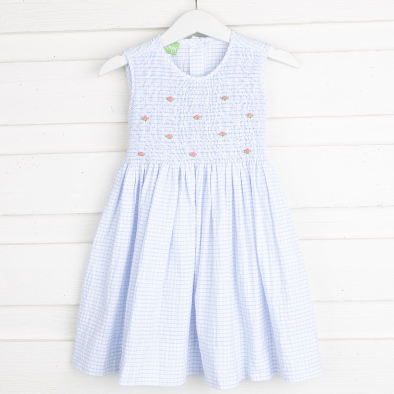 Geometric Smocked Sash Dress Blue Seersucker