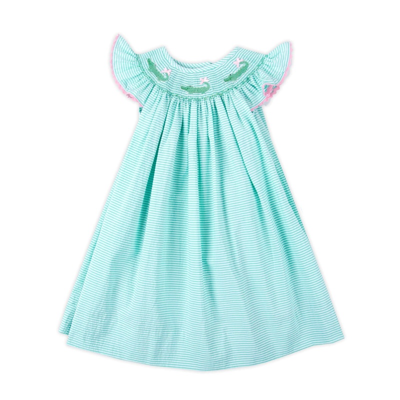 Green Seersucker Alligator Smocked Bishop Dress