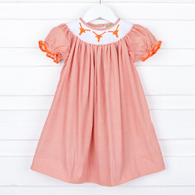 Longhorn Orange Gingham Smocked Bishop Dress