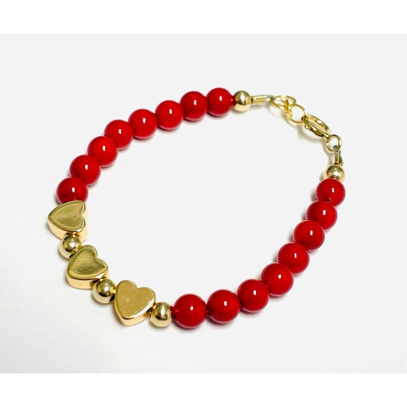 My Little Jewel  Red/gold beaded bracelet with heart bow center