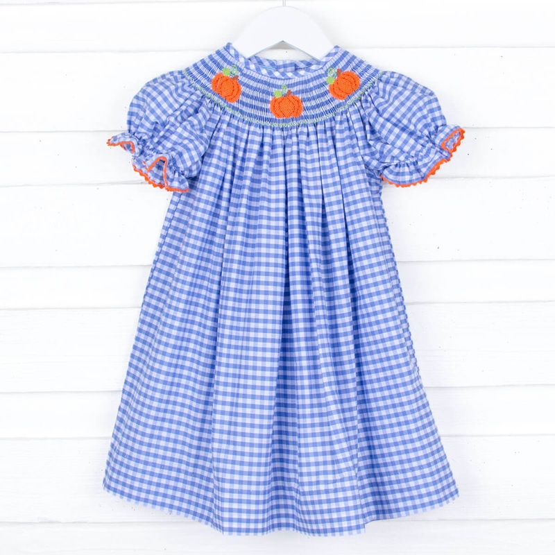 Pumpkin Day Smocked Blue Gingham Dress