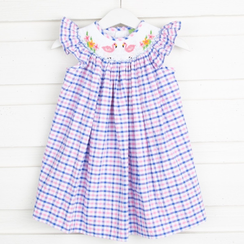 Flamingo Smocked Dress Blue and Pink Seersucker