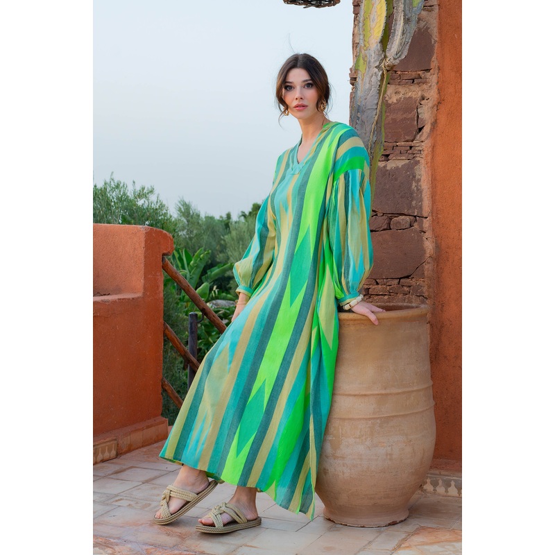 Long Gauze Zig Zig Dress-Green