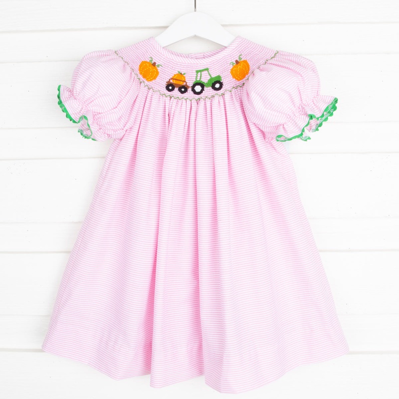 Pumpkin Tractor Smocked Bishop Pink Stripe