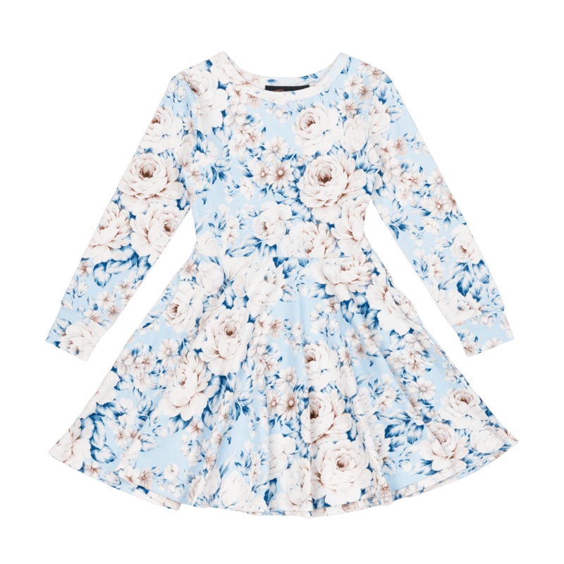 Rock your baby blue vintage floral LS waisted dress in blue