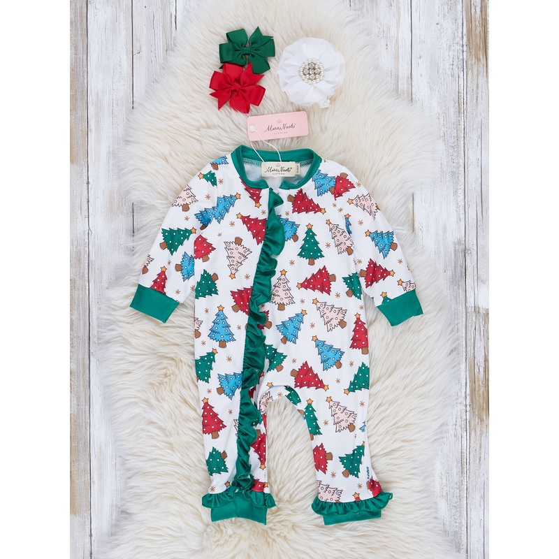 Whimsy Trees & Bright Green Ruffle Sleeper Pajamas