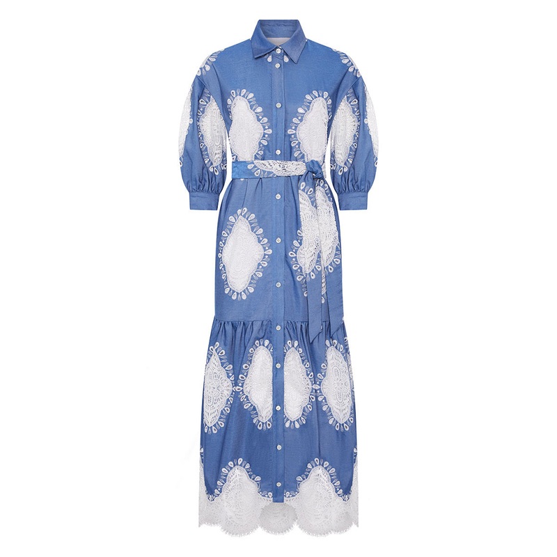 Bianca Denim Maxi Dress in Ivory Lace