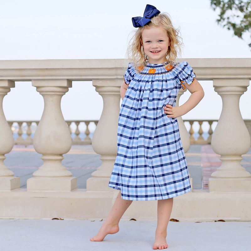 Pumpkin Vine Blue Plaid Smocked Bishop Dress